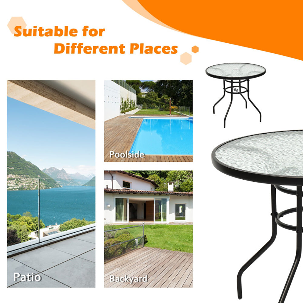32" Patio Tempered Glass Steel Frame Round Table with Convenient Umbrella Hole