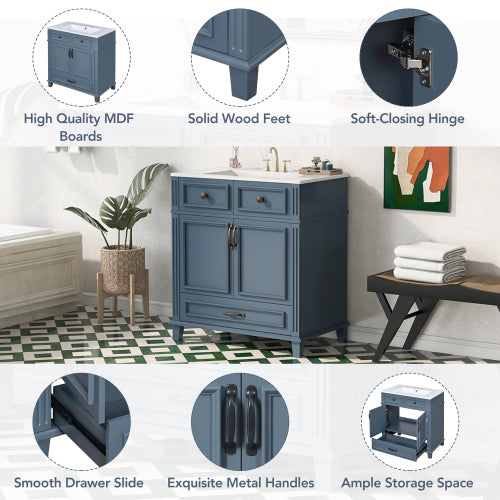 30'' Bathroom Vanity with Ceramic Sink, Blue