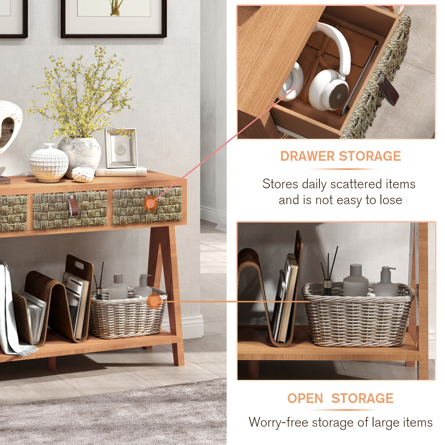 modern console table with entrance storage space with 3 drawers, open storage rack
