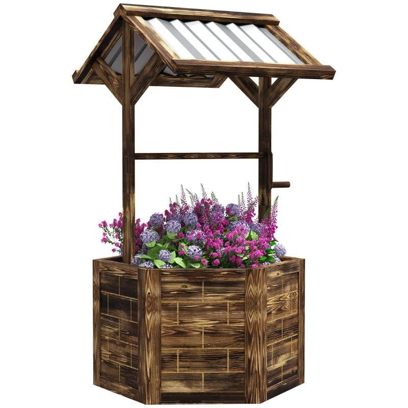 Wooden Wishing Well Planter, Raised Garden Bed with Galvanized Canopy