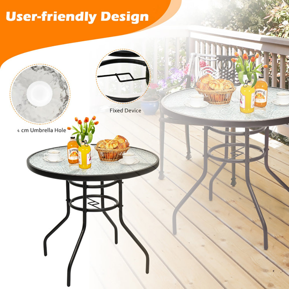 32" Patio Tempered Glass Steel Frame Round Table with Convenient Umbrella Hole