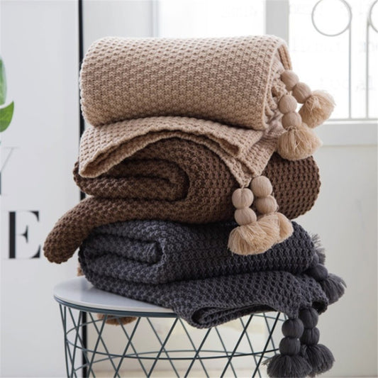 Nordic fringed knit ball blanket, Wool