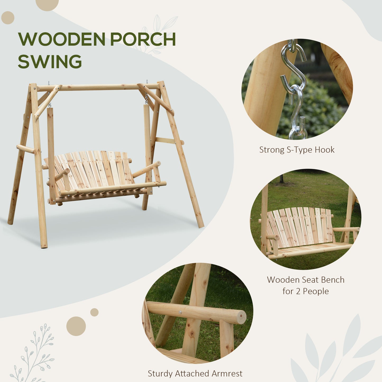 2-Seat Wooden Swing Bench, Natural Wood
