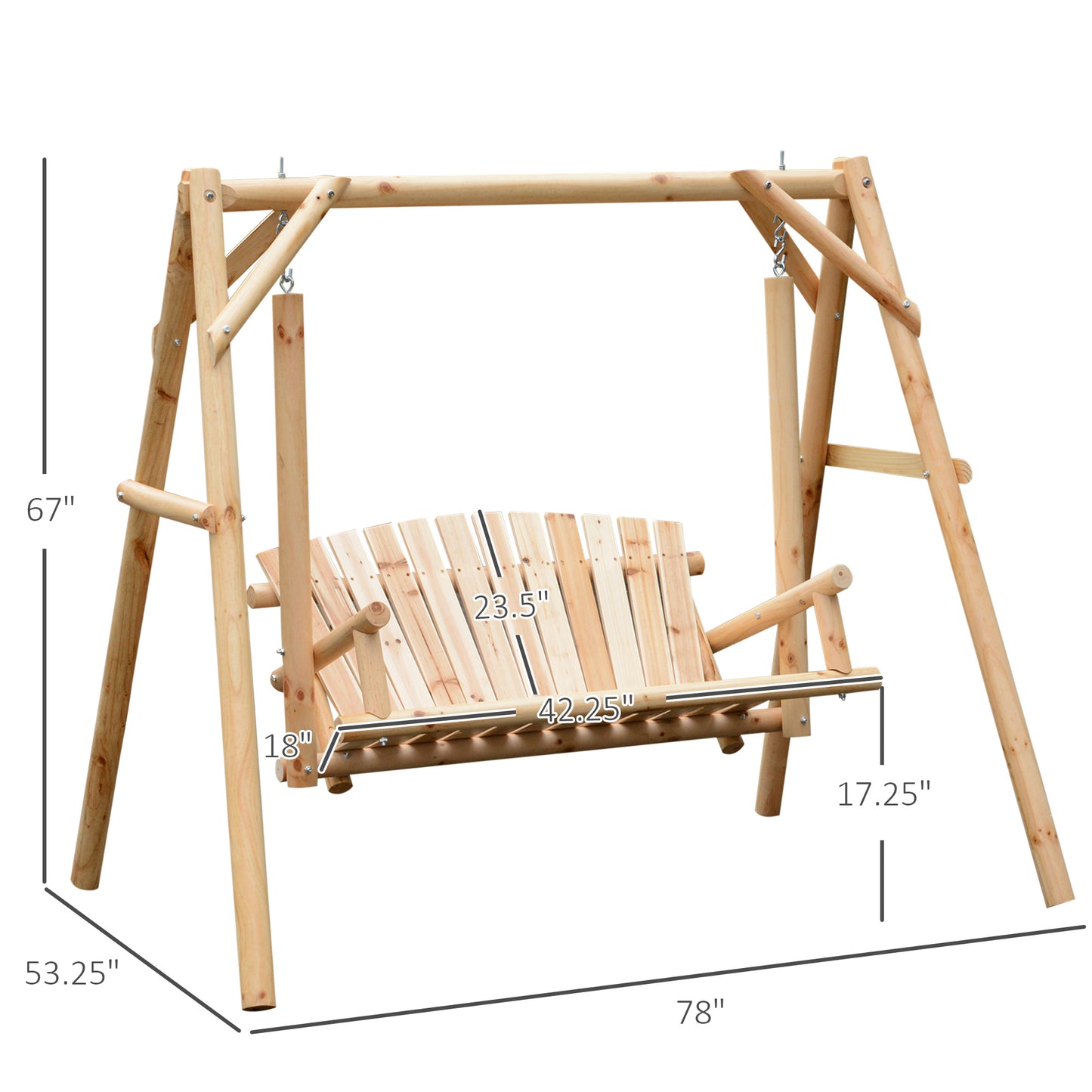 2-Seat Wooden Swing Bench, Natural Wood