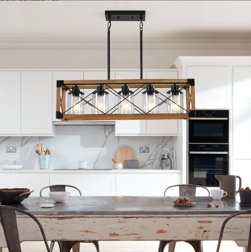 32 Inch Walnut Industrial Farmhouse Rectangle 5-Light Chandelier