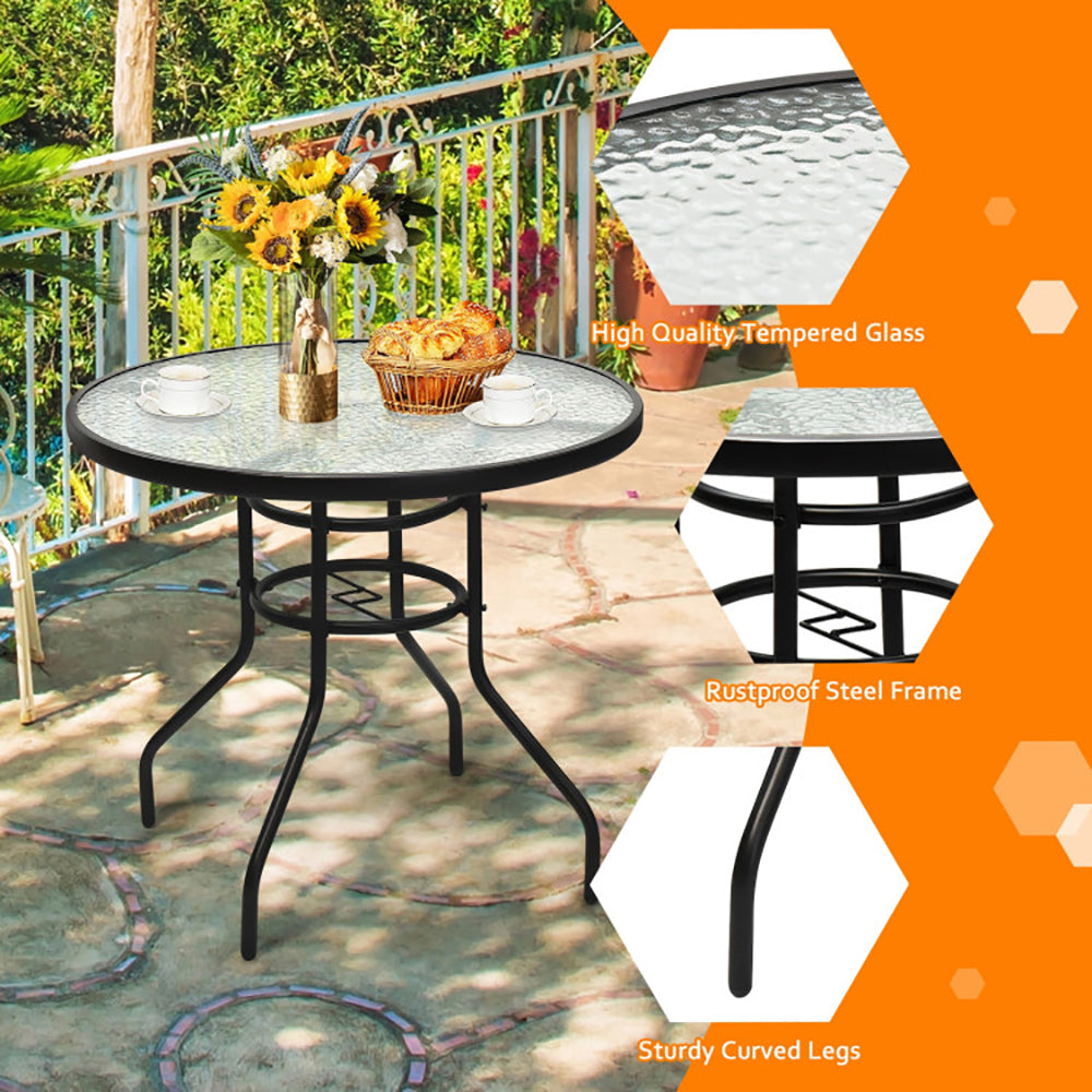 32" Patio Tempered Glass Steel Frame Round Table with Convenient Umbrella Hole