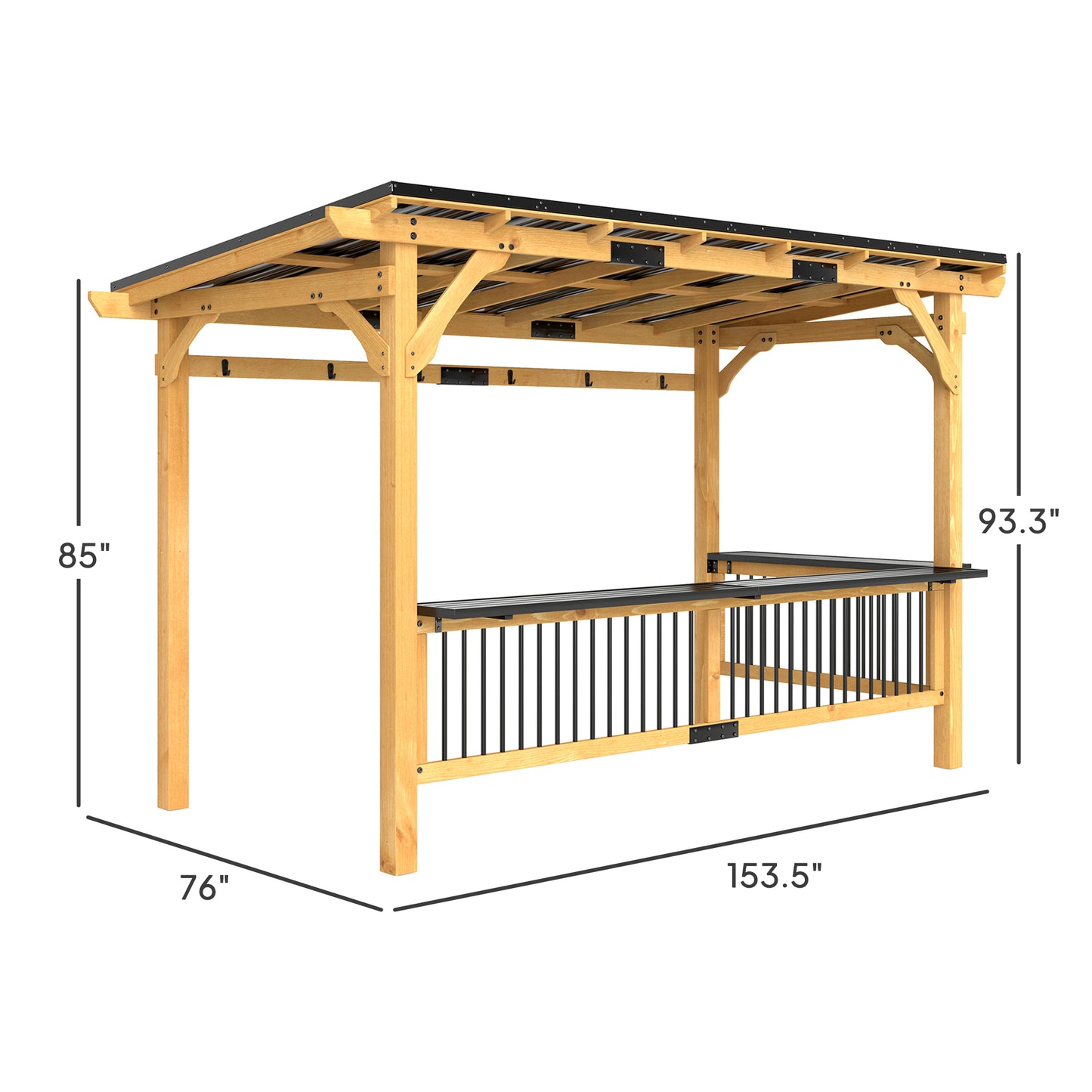 13' x 6' Wooden BBQ Grill Gazebo with Metal Roof, 2 Bar Shelves And 6 Hooks, Natural