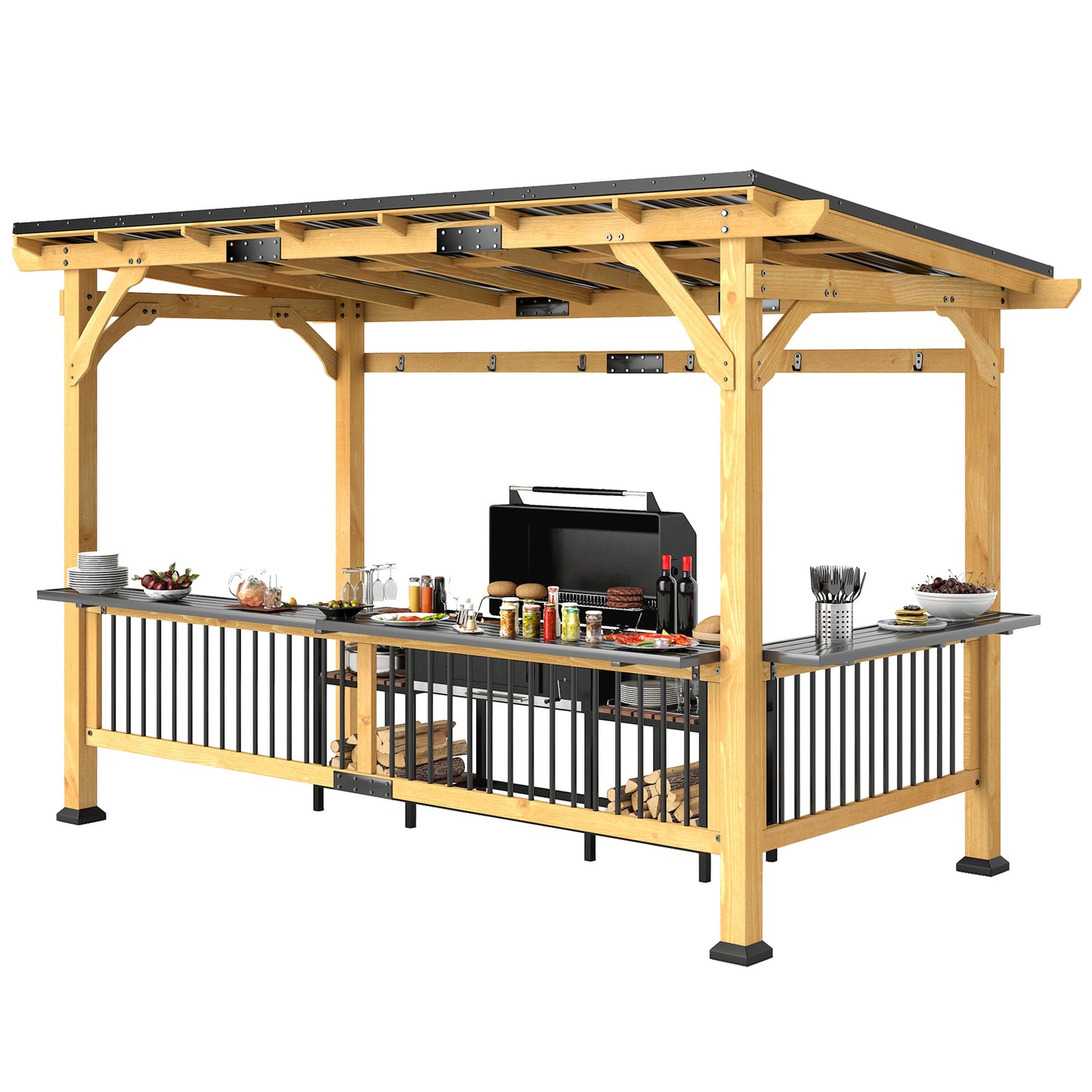 13' x 6' Wooden BBQ Grill Gazebo with Metal Roof, 2 Bar Shelves And 6 Hooks, Natural