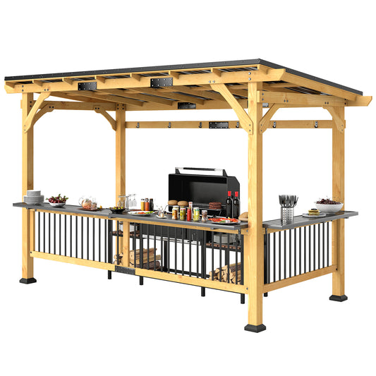 13' x 6' Wooden BBQ Grill Gazebo with Metal Roof, 2 Bar Shelves And 6 Hooks, Natural