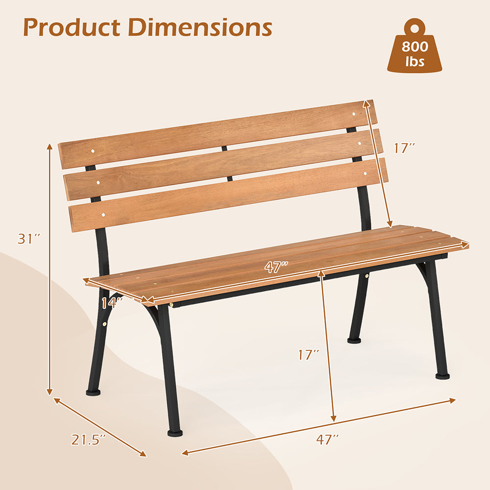 47 Inch Outdoor Acacia Wood Bench With Metal Frame And Slatted Seat