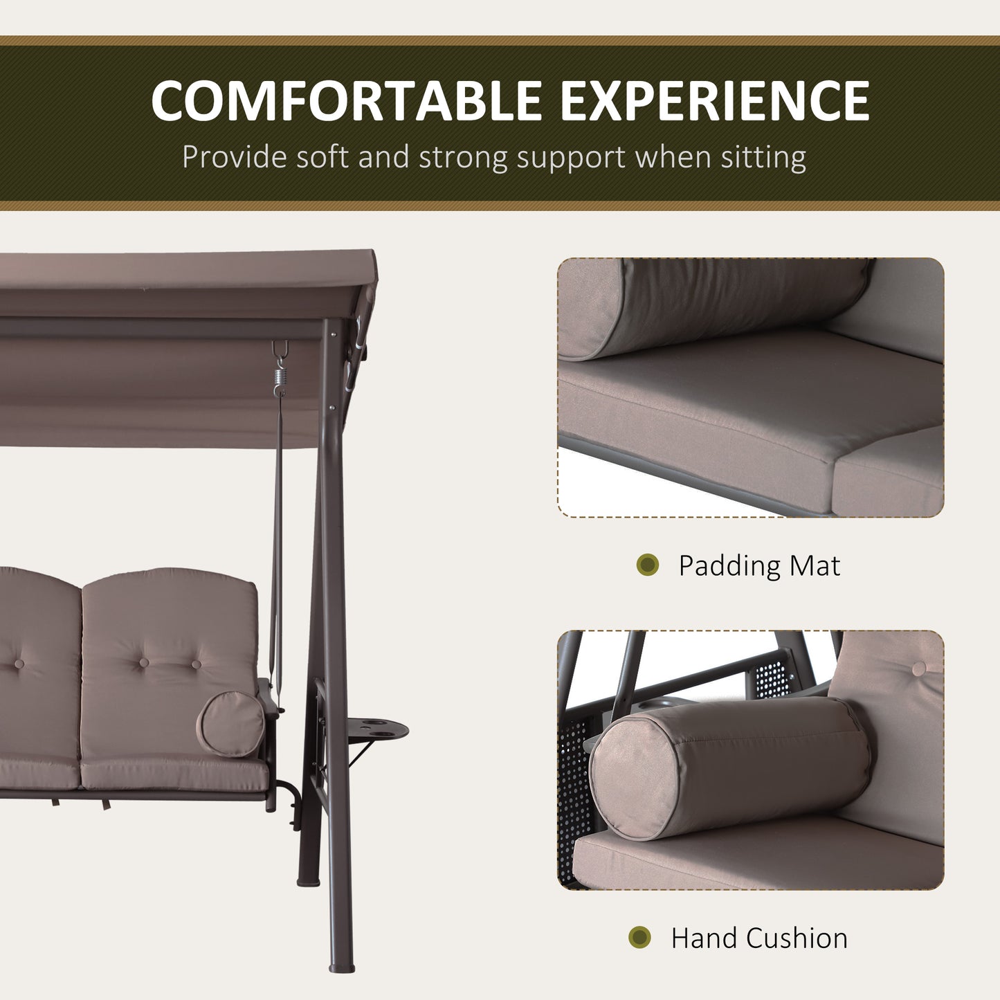3-Person Patio Swing Bench Canopy, Cushioned with Side Trays