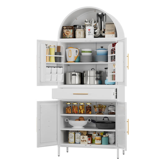 Metal Arched Kitchen Pantry Cabinet with Adjustable Shelves and Drawer