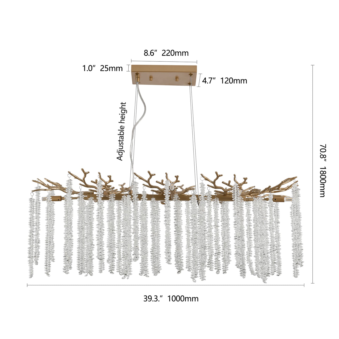 39-inch Modern Golden Pendant Light with Cascading Crystals