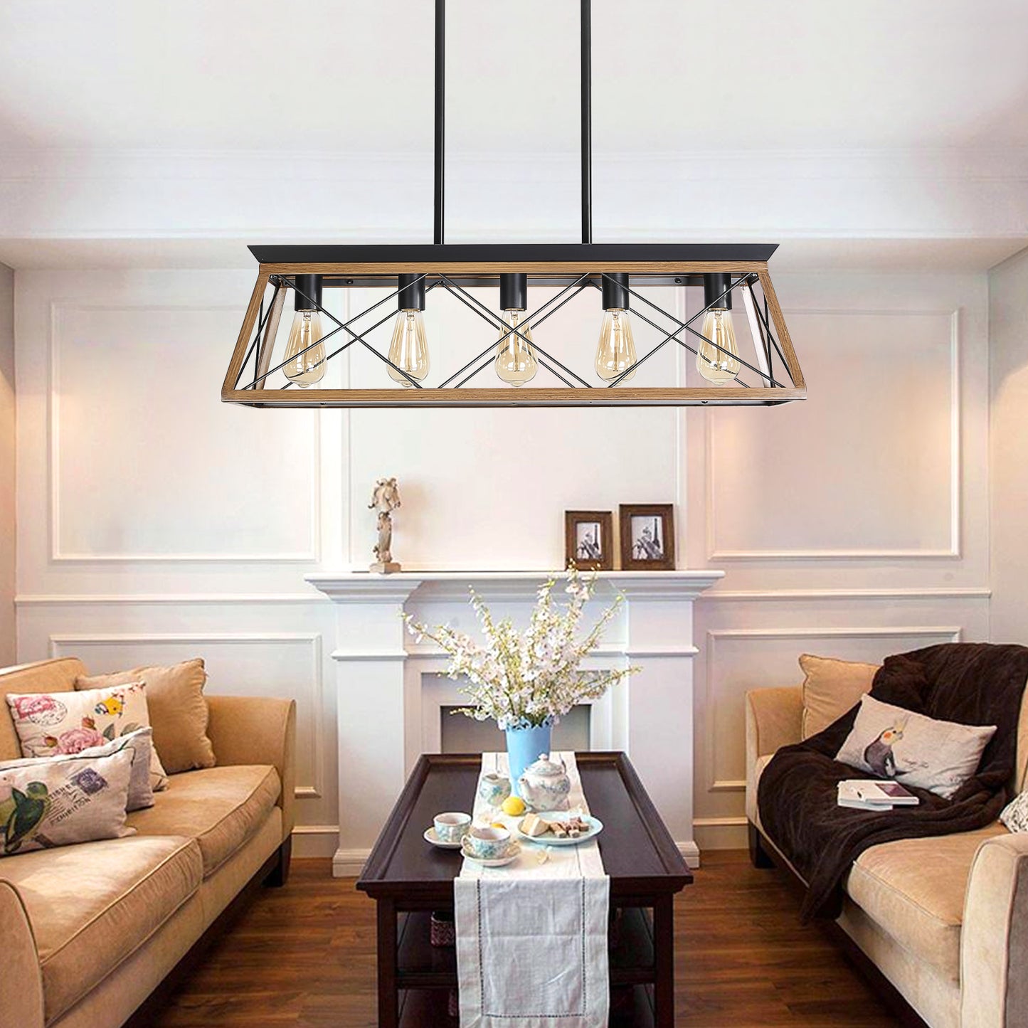 Farmhouse Chandeliers With 5 Bulbs, Walnut