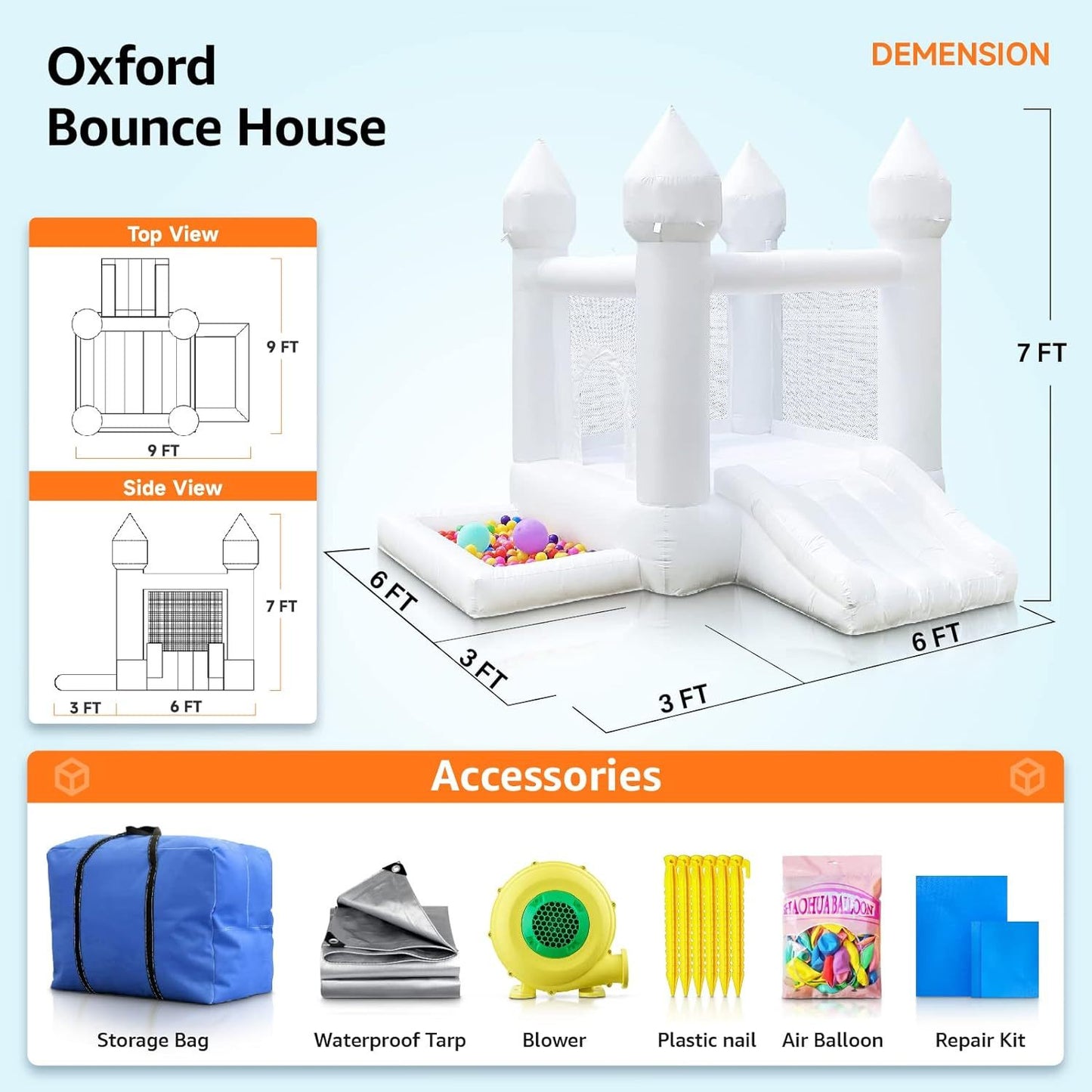 White Bounce House, Castle Theme Kids Inflatable with UL Blower