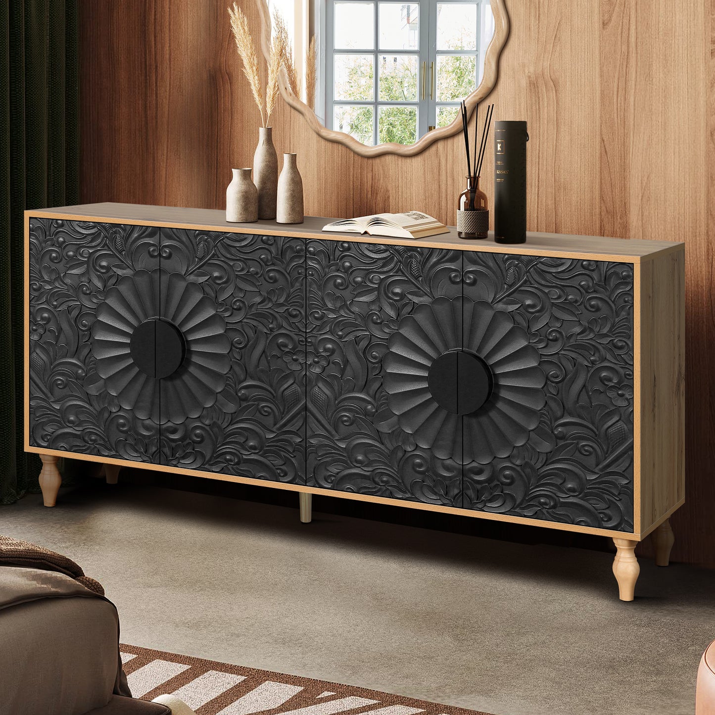 Black Carved Wood Cabinet