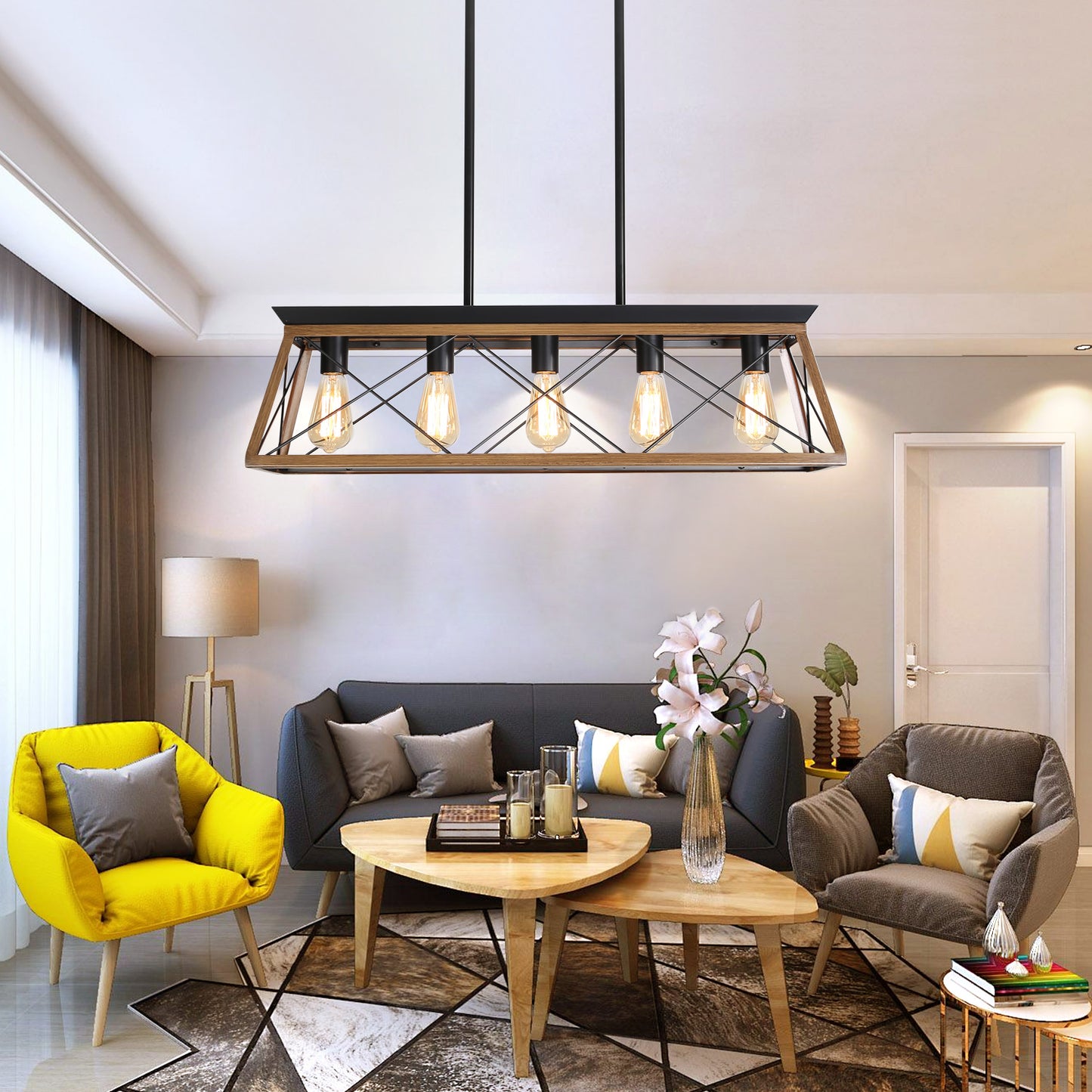 Farmhouse Chandeliers With 5 Bulbs, Walnut