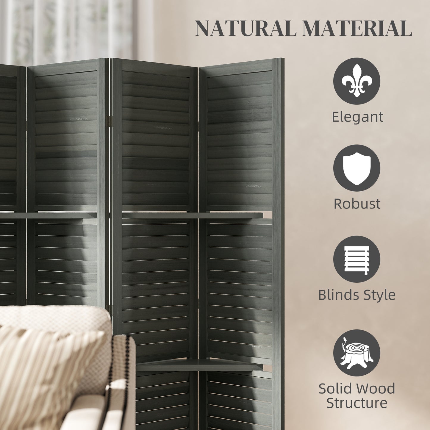 6 Panel 67" Tall Wood Privacy Screen Room Divider with 3 Shelves and Folding Storage, Gray