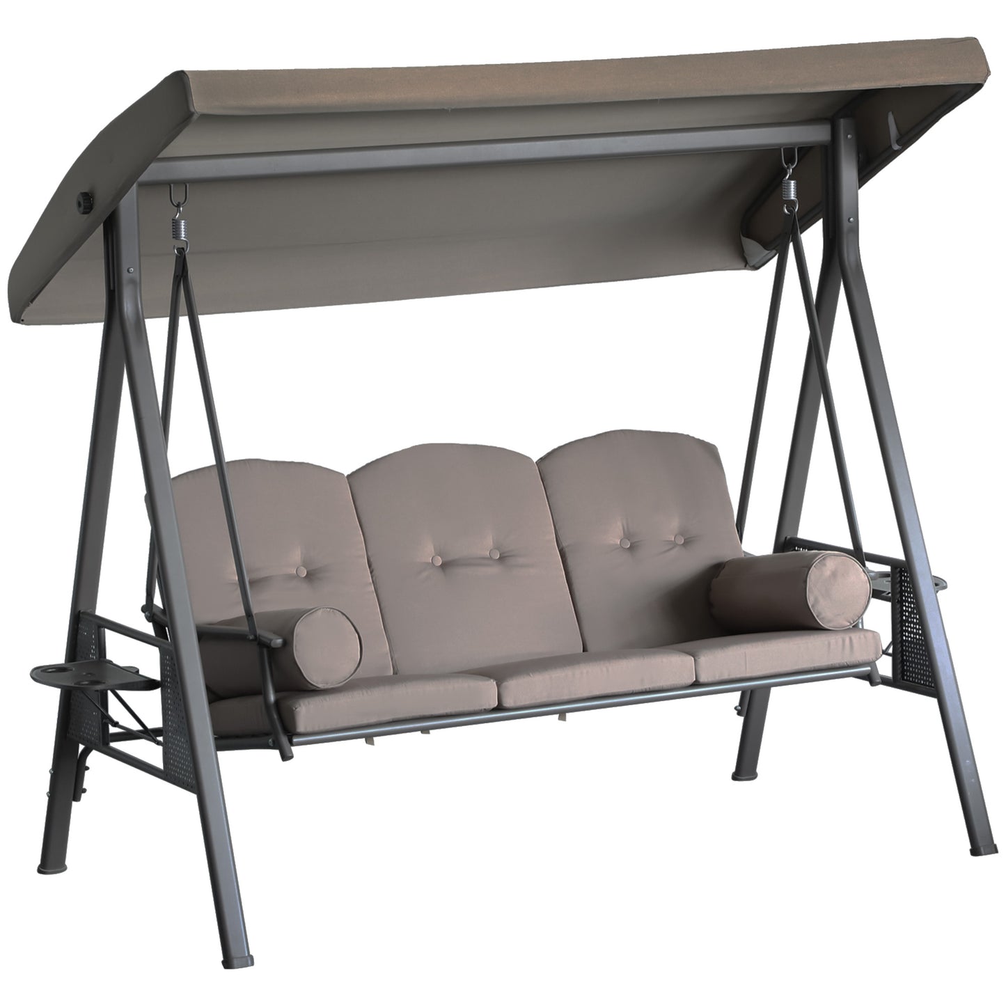 3-Person Patio Swing Bench Canopy, Cushioned with Side Trays