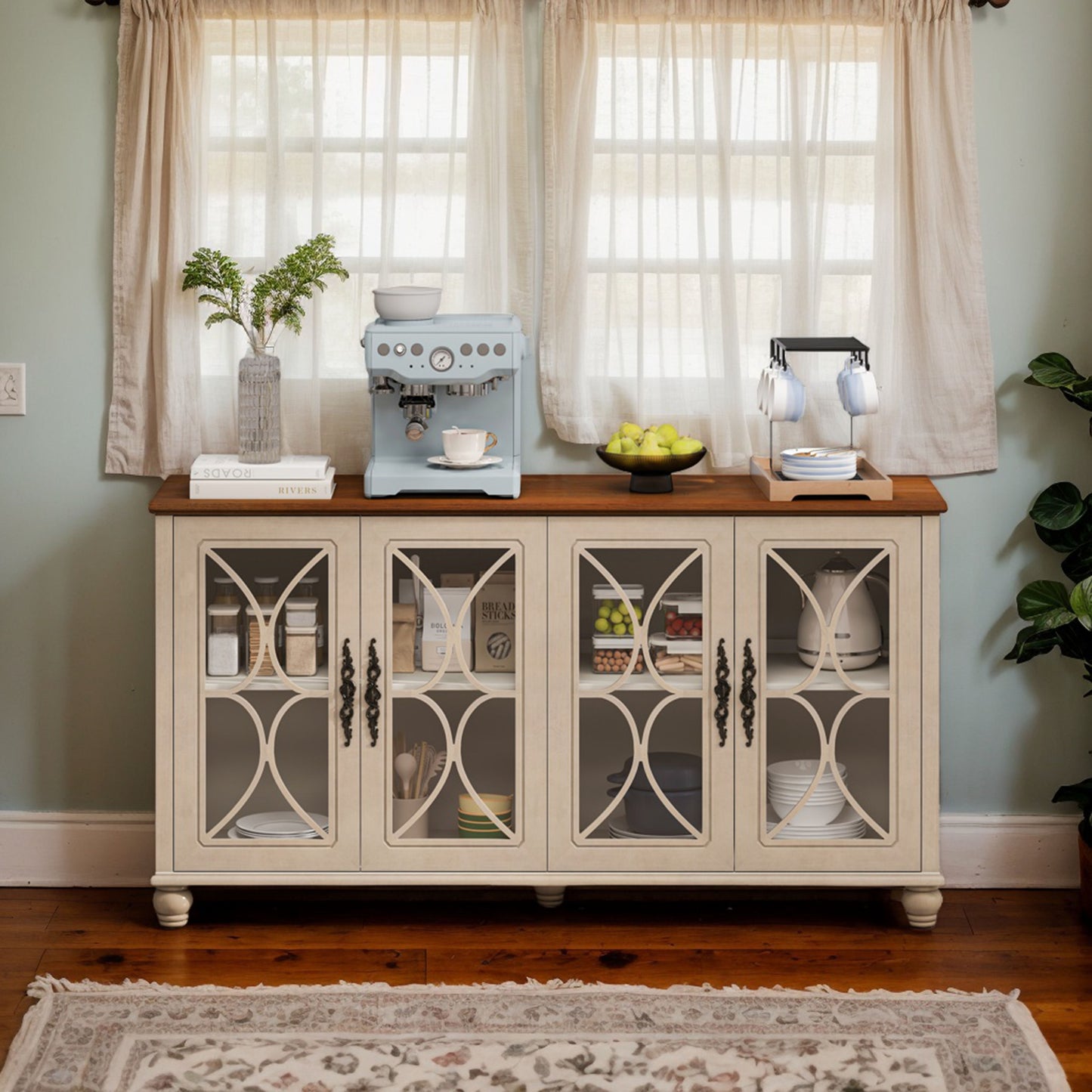 Elegant European Antique Style 4-Door Cabinet With Tempered Glass Doors,for Dining Room,Living Room,Hallway,Easy Assembly,Beige
