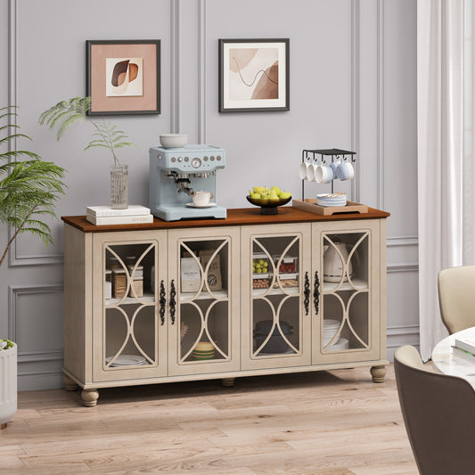 Elegant European Antique Style 4-Door Cabinet With Tempered Glass Doors,for Dining Room,Living Room,Hallway,Easy Assembly,Beige