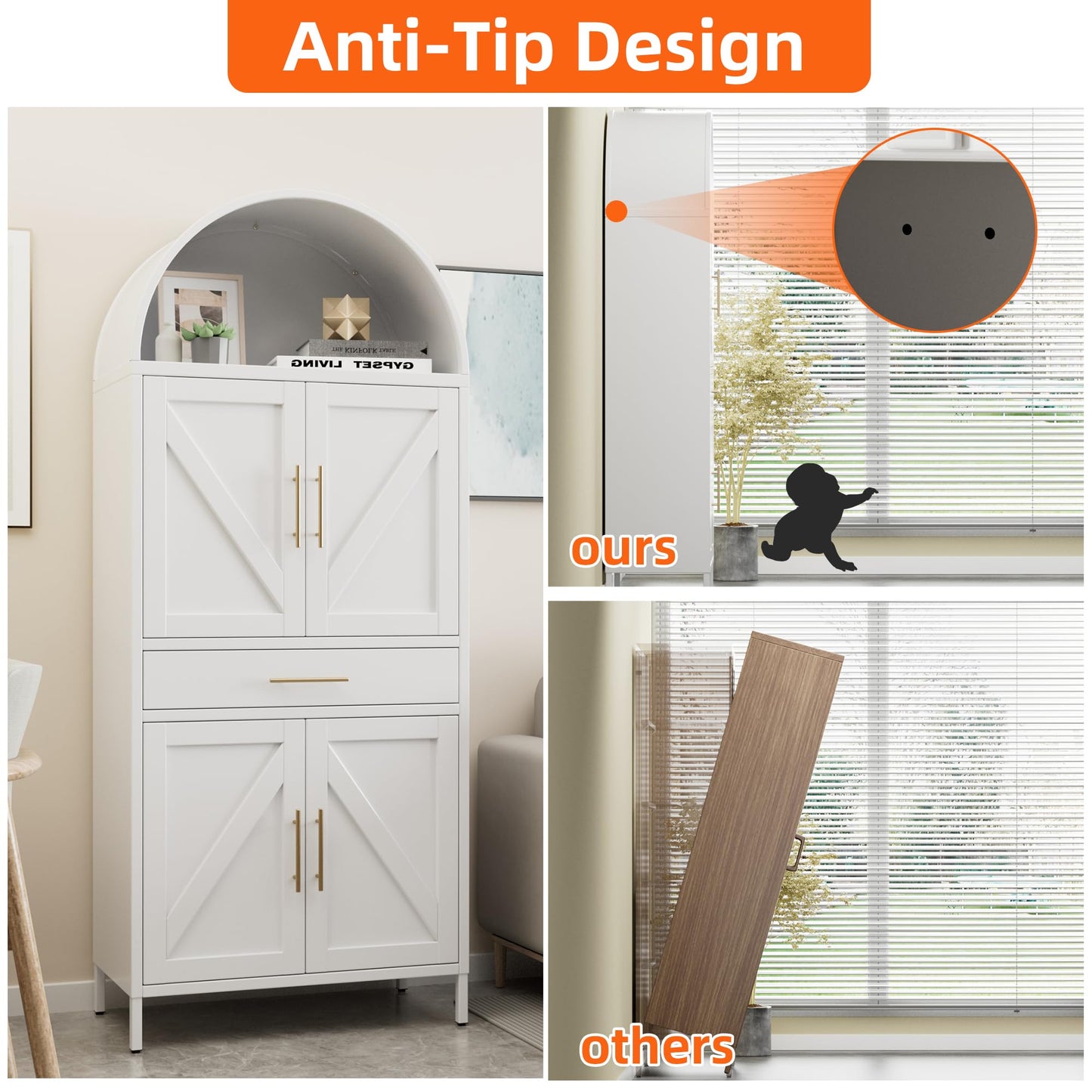 Metal Arched Kitchen Pantry Cabinet with Adjustable Shelves and Drawer
