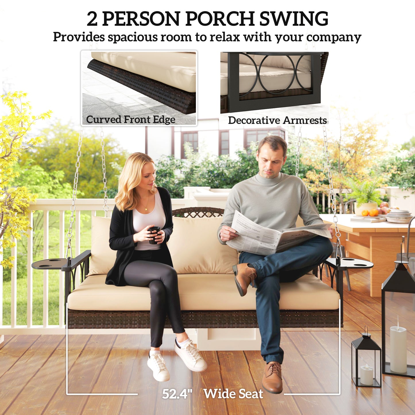 3 Person Wicker Porch Swing Bench with Cup Holders
