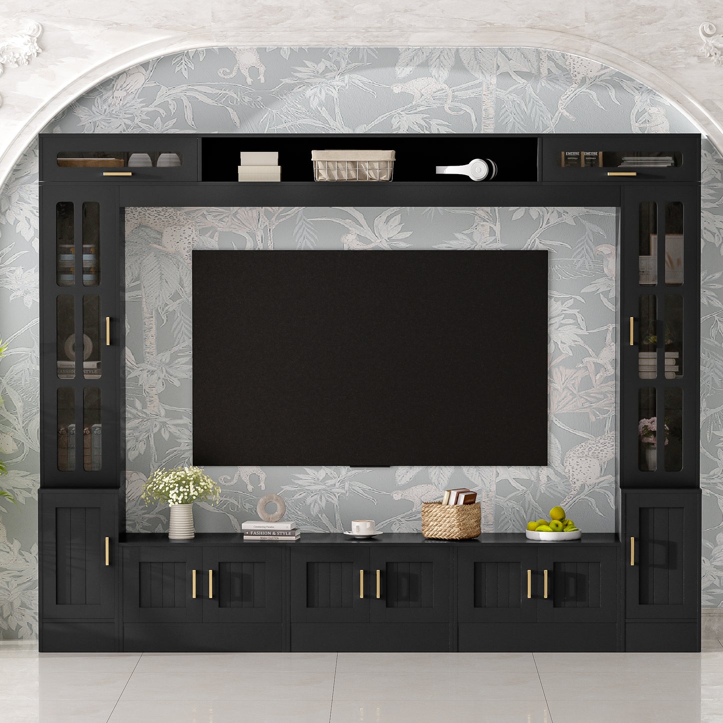 98.4" W Wall Unit Entertainment Center with Bookshelves