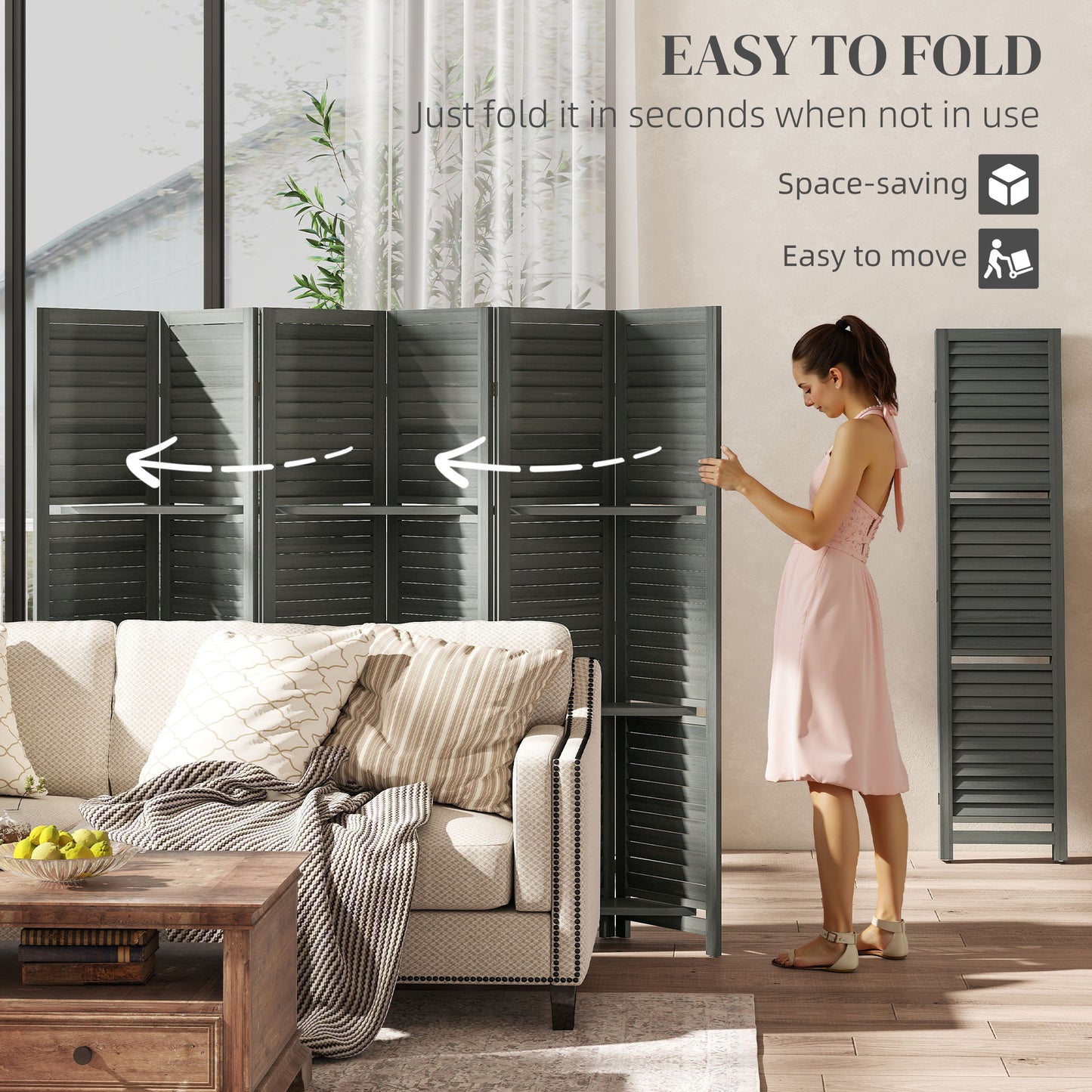 6 Panel 67" Tall Wood Privacy Screen Room Divider with 3 Shelves and Folding Storage, Gray