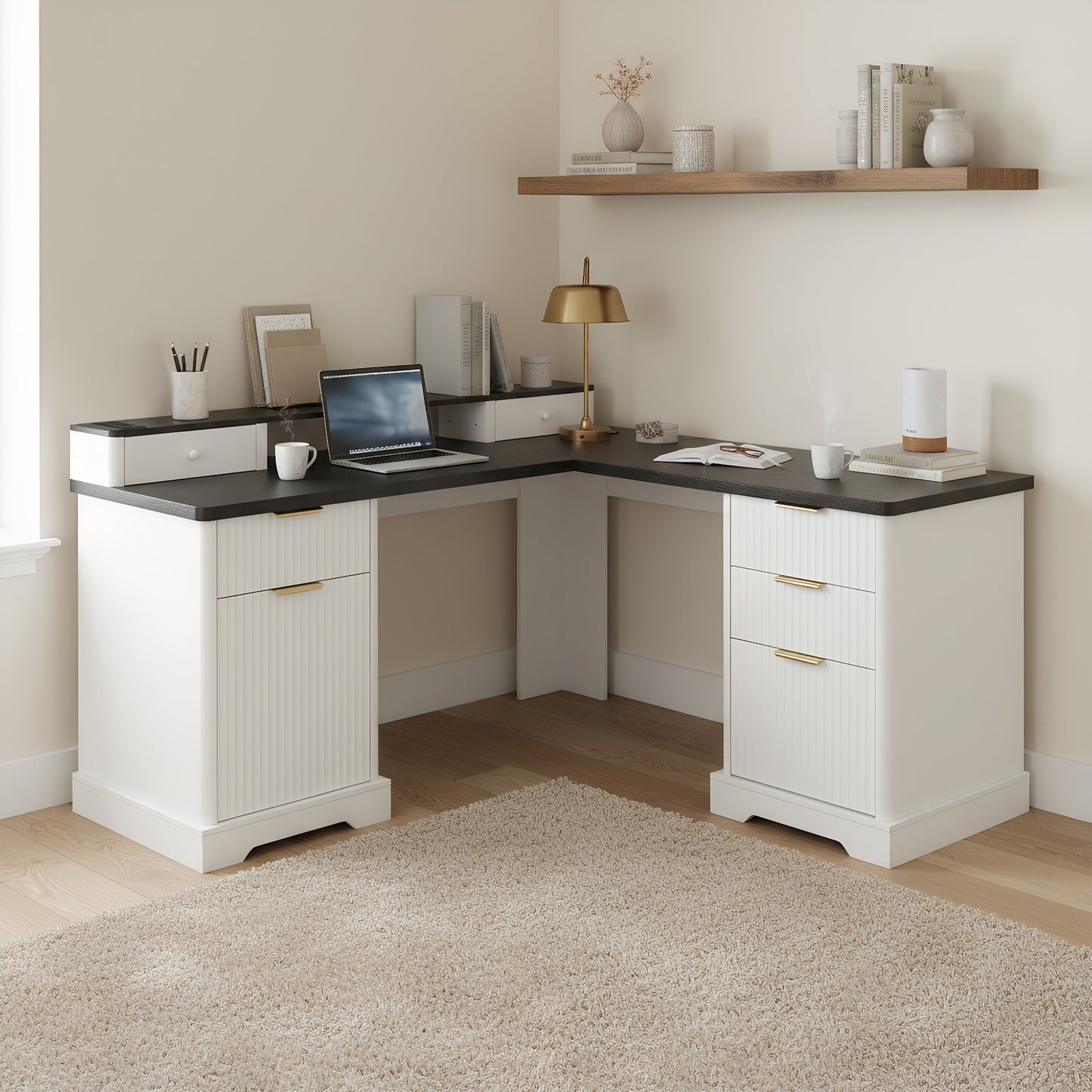 59" Modern Fluted L-Shaped Desk with Charging Station