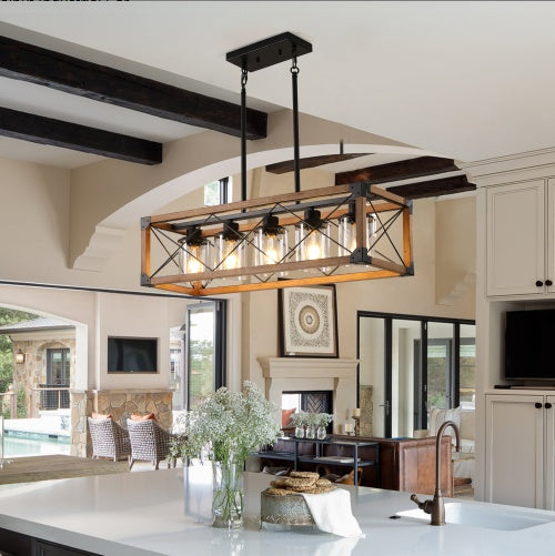 32 Inch Walnut Industrial Farmhouse Rectangle 5-Light Chandelier