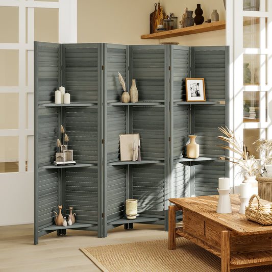 6 Panel 67" Tall Wood Privacy Screen Room Divider with 3 Shelves and Folding Storage, Gray