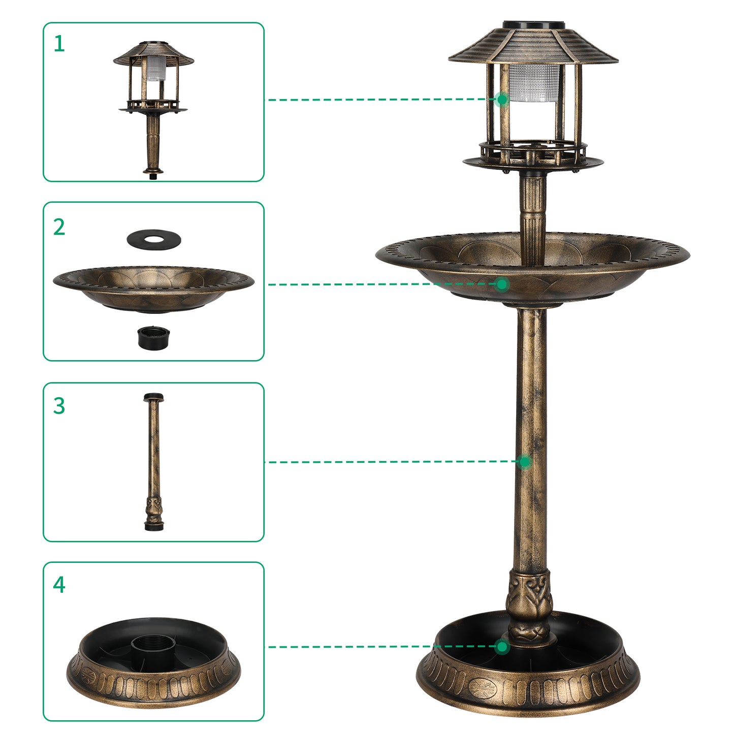 Bronze, With Solar Light, Bird Bath