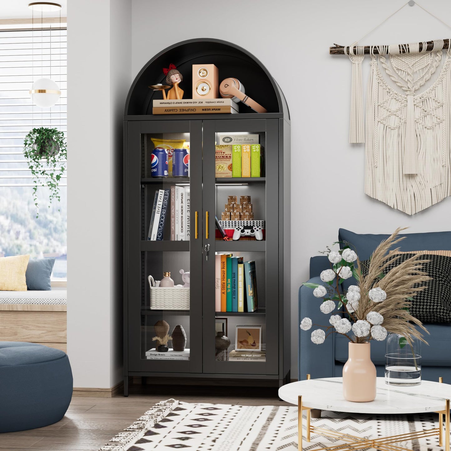 78.74inch Tall Metal Arched Cabinet with Lock and LED Light Strip