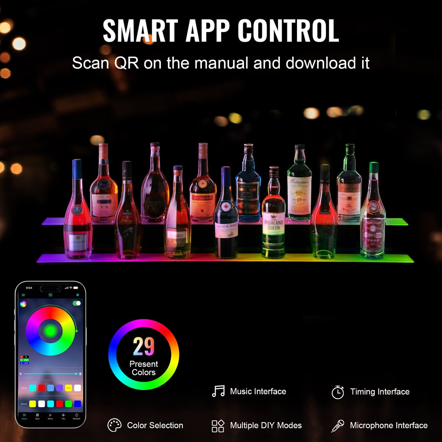 LED Lit Liquor Bottle Display Bar Shelf RF & App Control 48' 2-Step