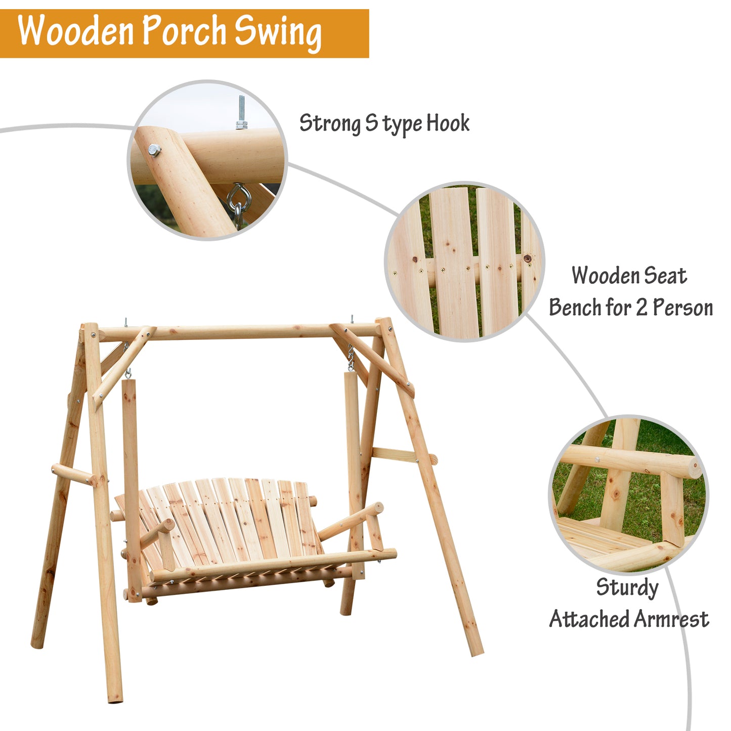 2-Seat Wooden Swing Bench, Natural Wood