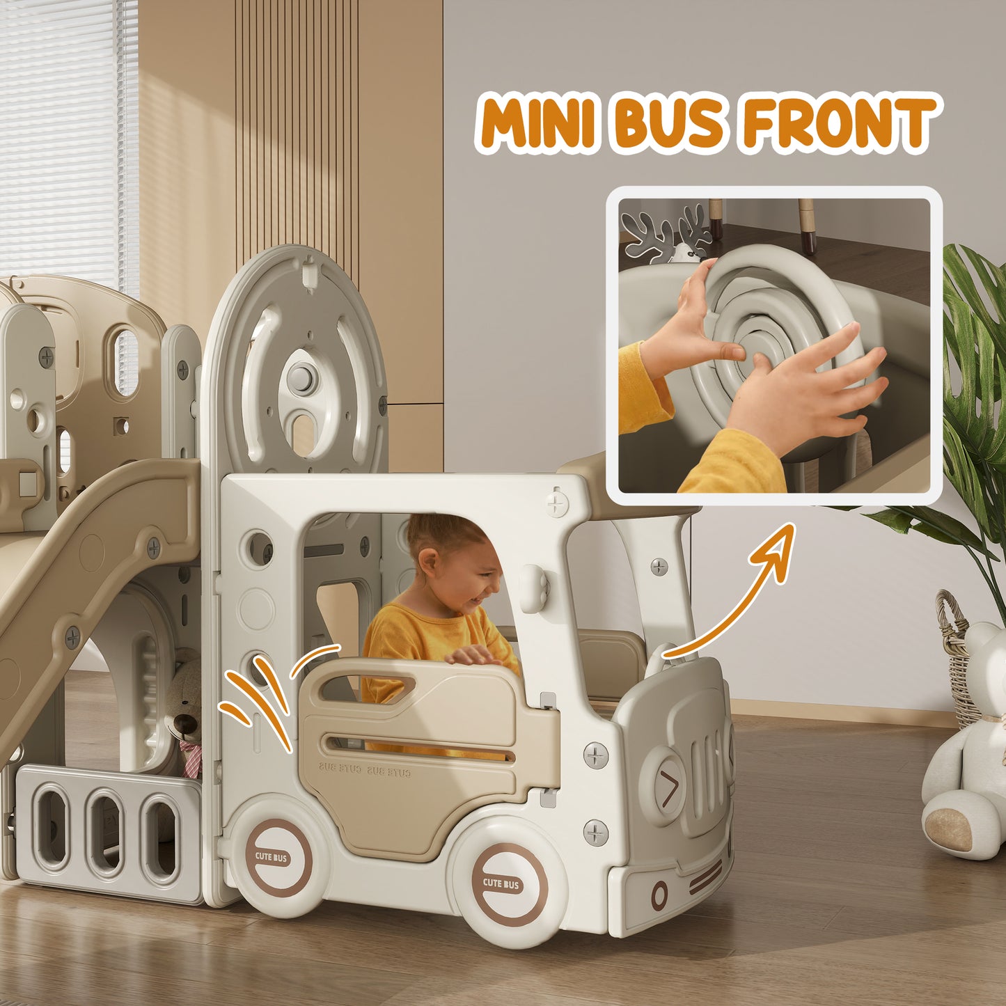 9 In 1 Toddler Slide with Bus Front, Basketball Hoop, Climber, Storage Space, & Ring Toss