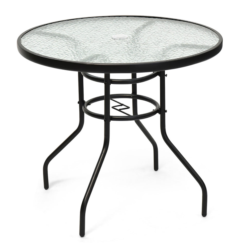 32" Patio Tempered Glass Steel Frame Round Table with Convenient Umbrella Hole