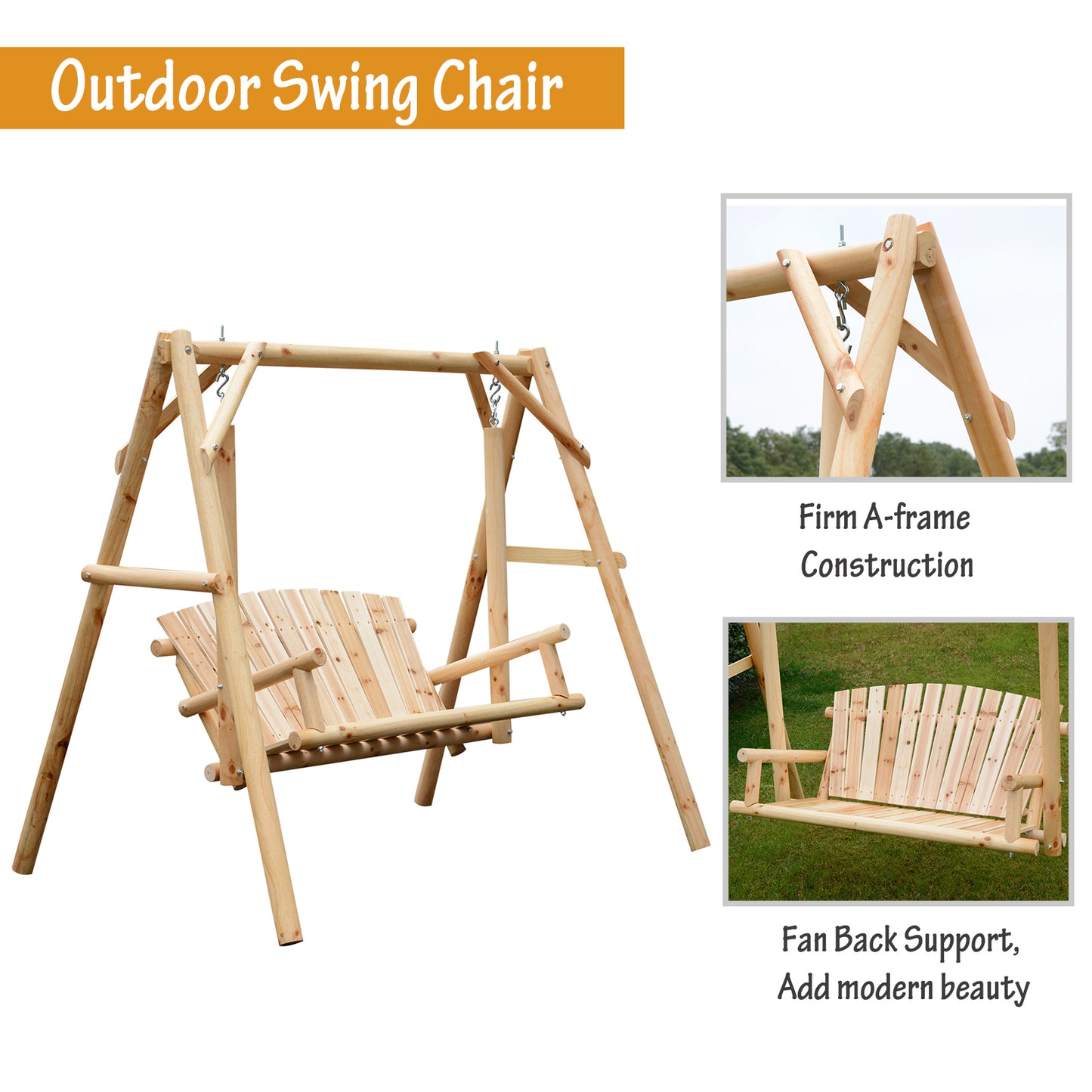 2-Seat Wooden Swing Bench, Natural Wood