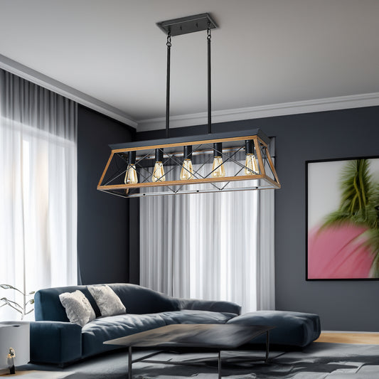 Farmhouse Chandeliers With 5 Bulbs, Walnut
