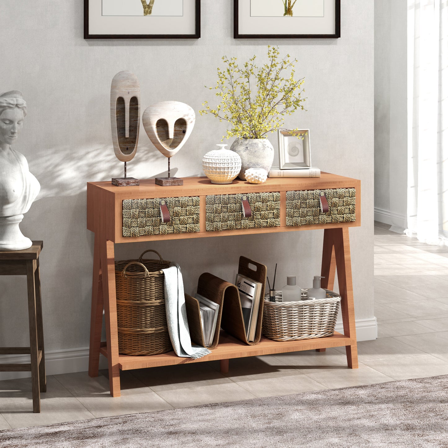 modern console table with entrance storage space with 3 drawers, open storage rack