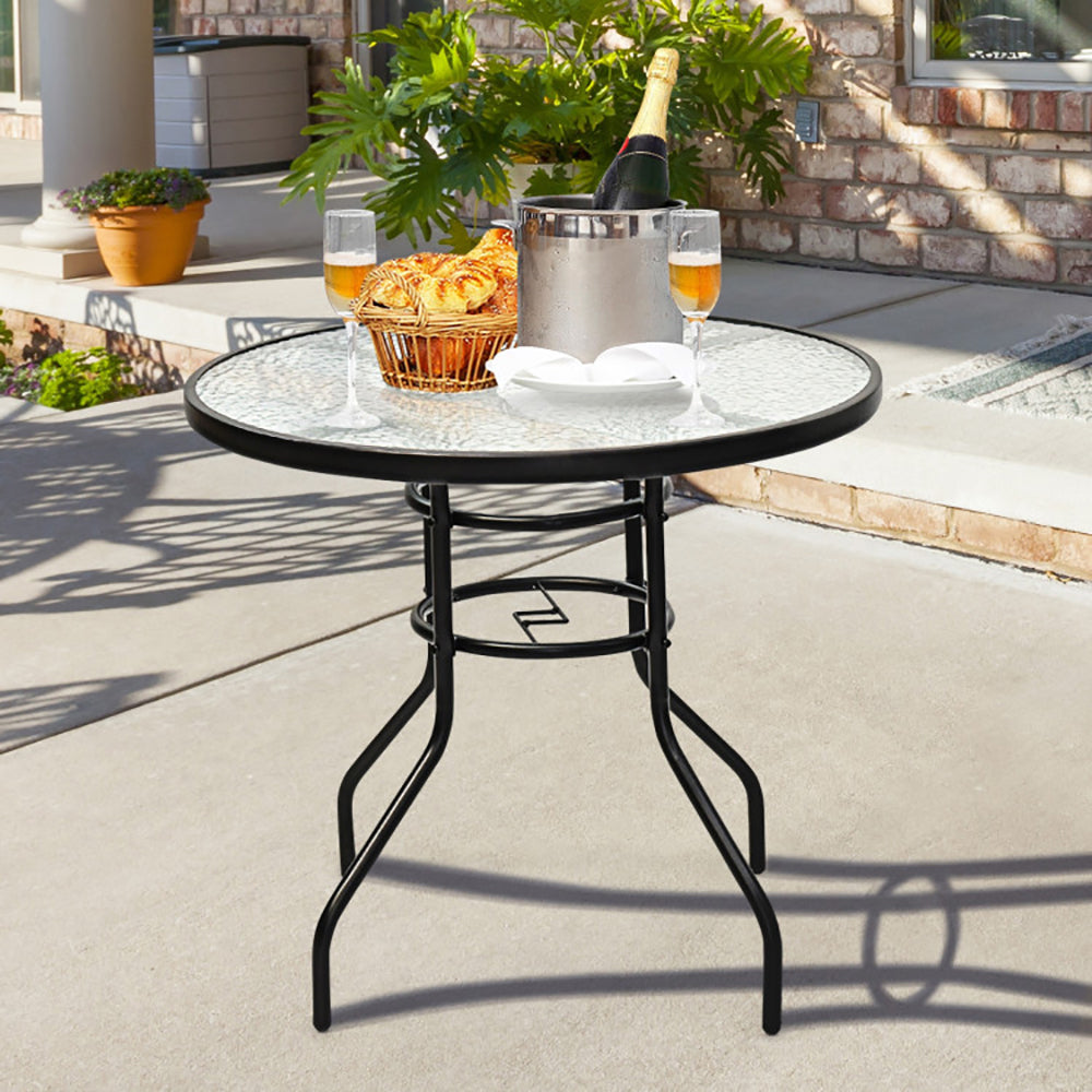 32" Patio Tempered Glass Steel Frame Round Table with Convenient Umbrella Hole