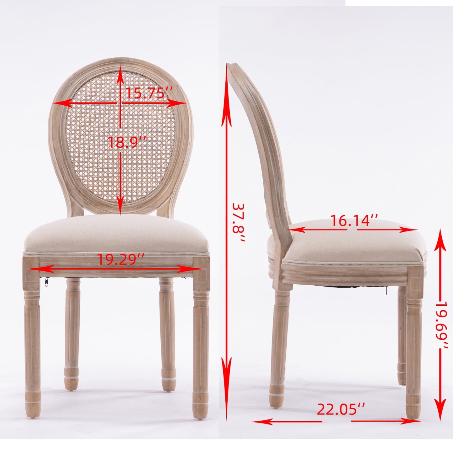 Set Of 2 French Style Solid Wood Antique Linen & Rattan Dining Chair, Cream