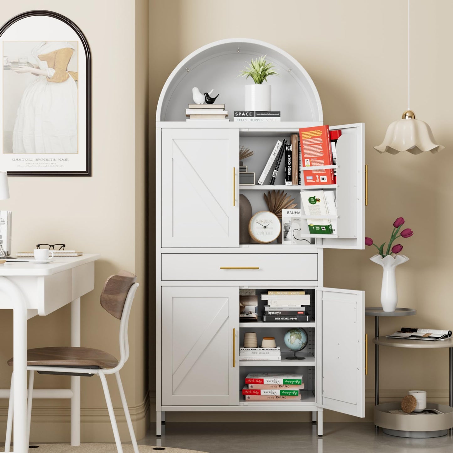Metal Arched Kitchen Pantry Cabinet with Adjustable Shelves and Drawer