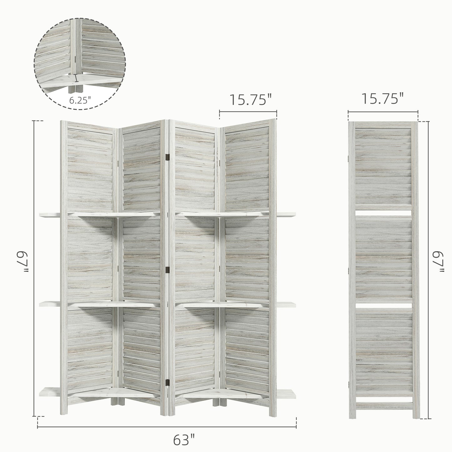 4 Panel 67" Tall Wood Privacy Screen/Room Divider With 3 Shelves and Folding Storage