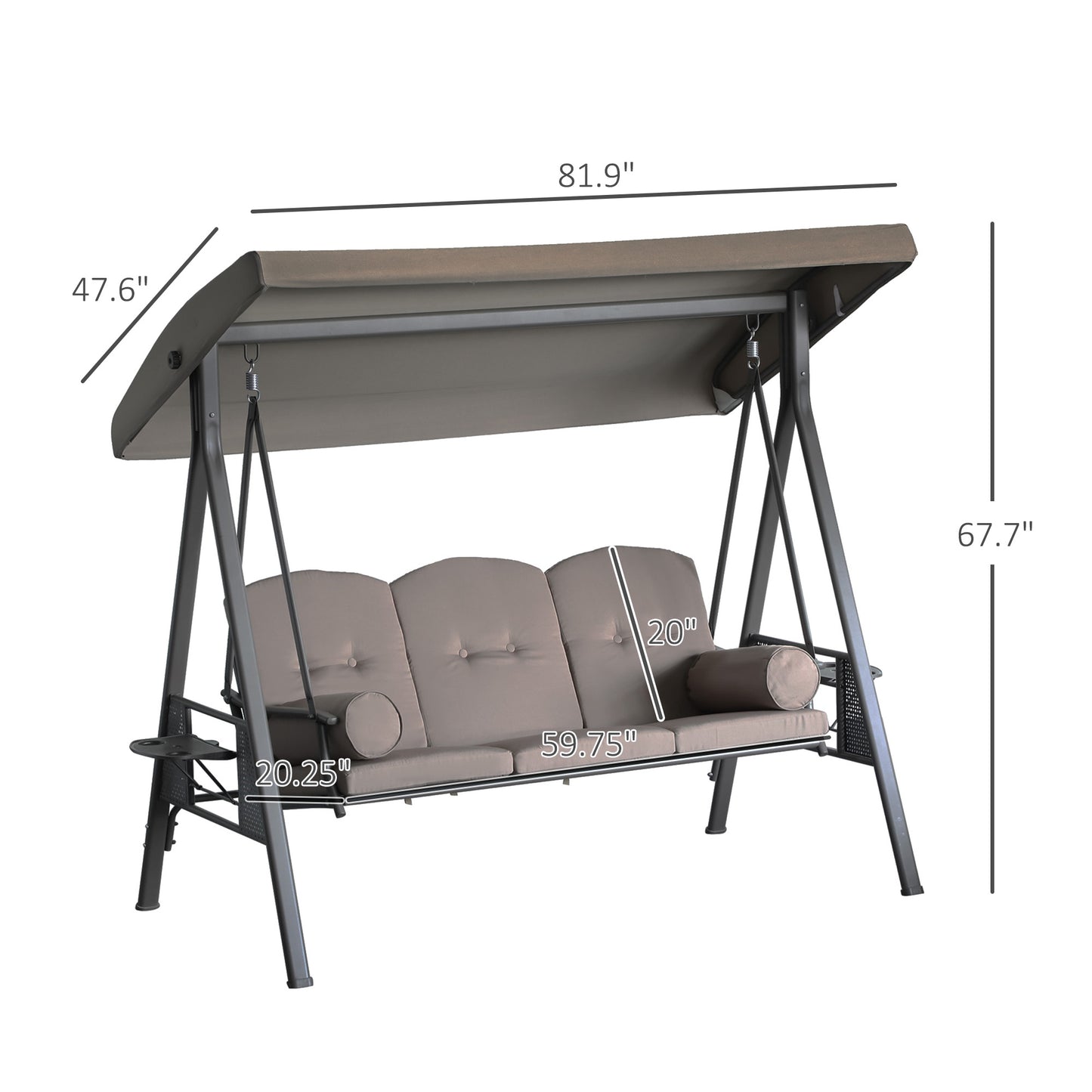 3-Person Patio Swing Bench Canopy, Cushioned with Side Trays