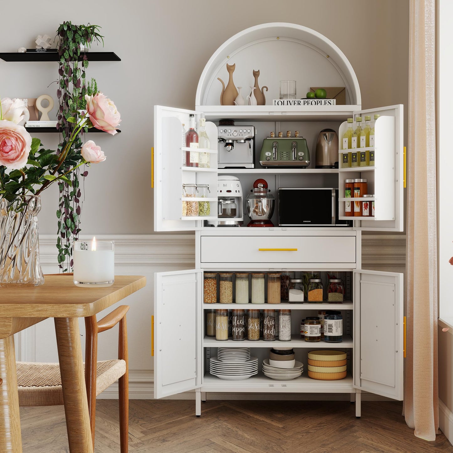 Metal Arched Kitchen Pantry Cabinet with Adjustable Shelves and Drawer