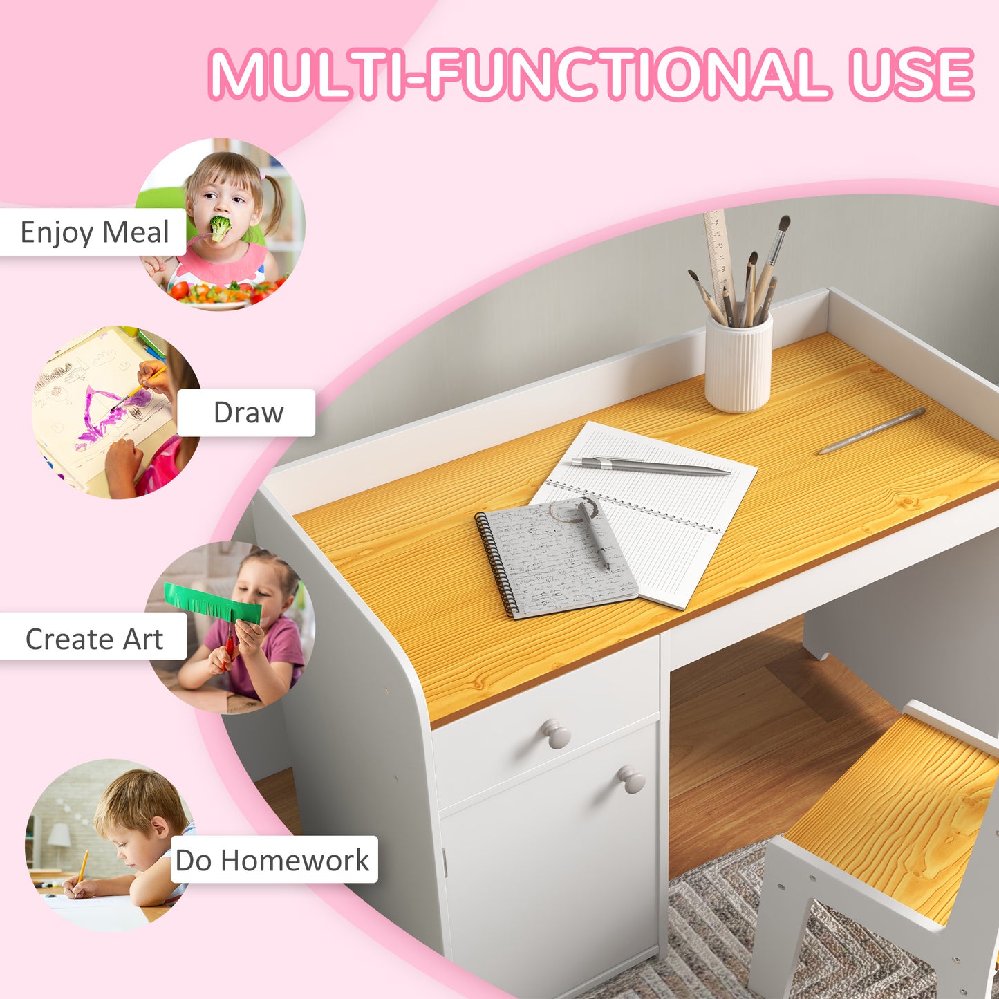 Kids Desk and Chair Set with Storage, White