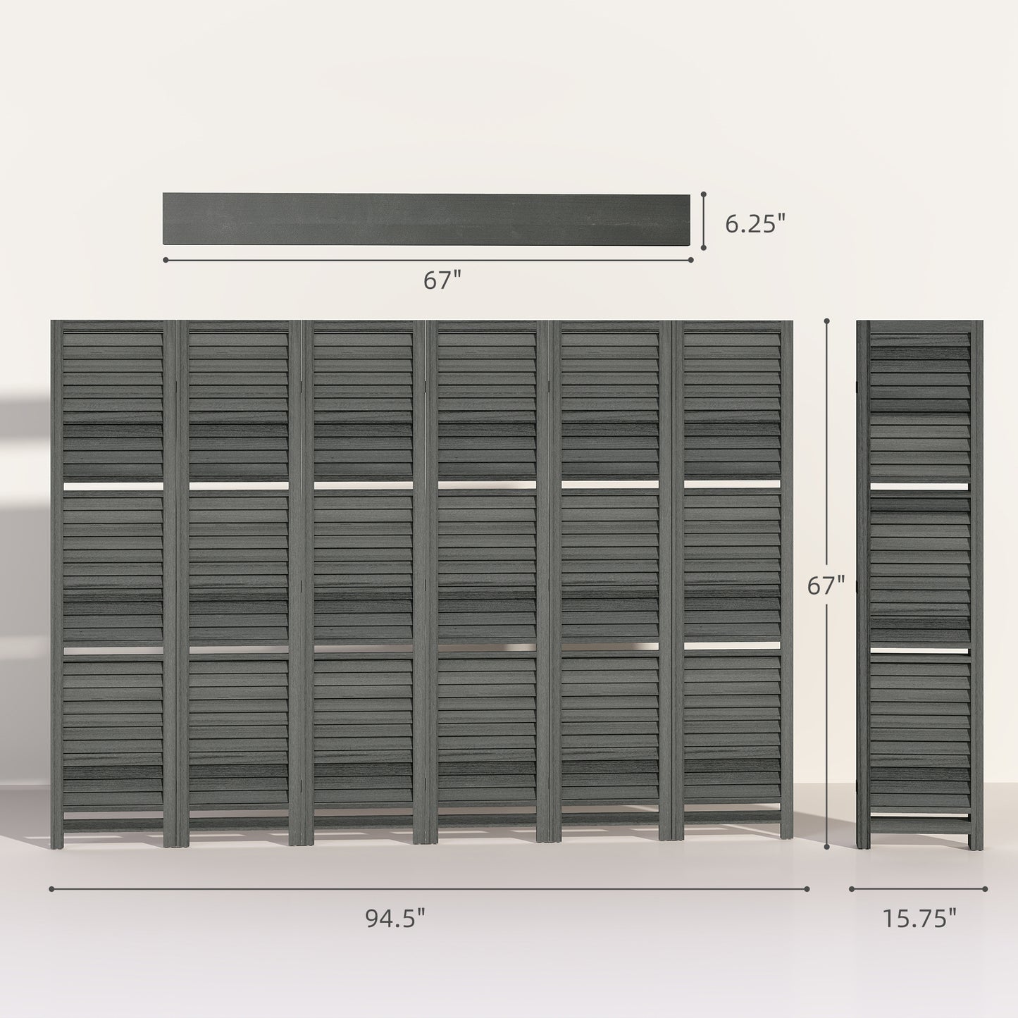 6 Panel 67" Tall Wood Privacy Screen Room Divider with 3 Shelves and Folding Storage, Gray
