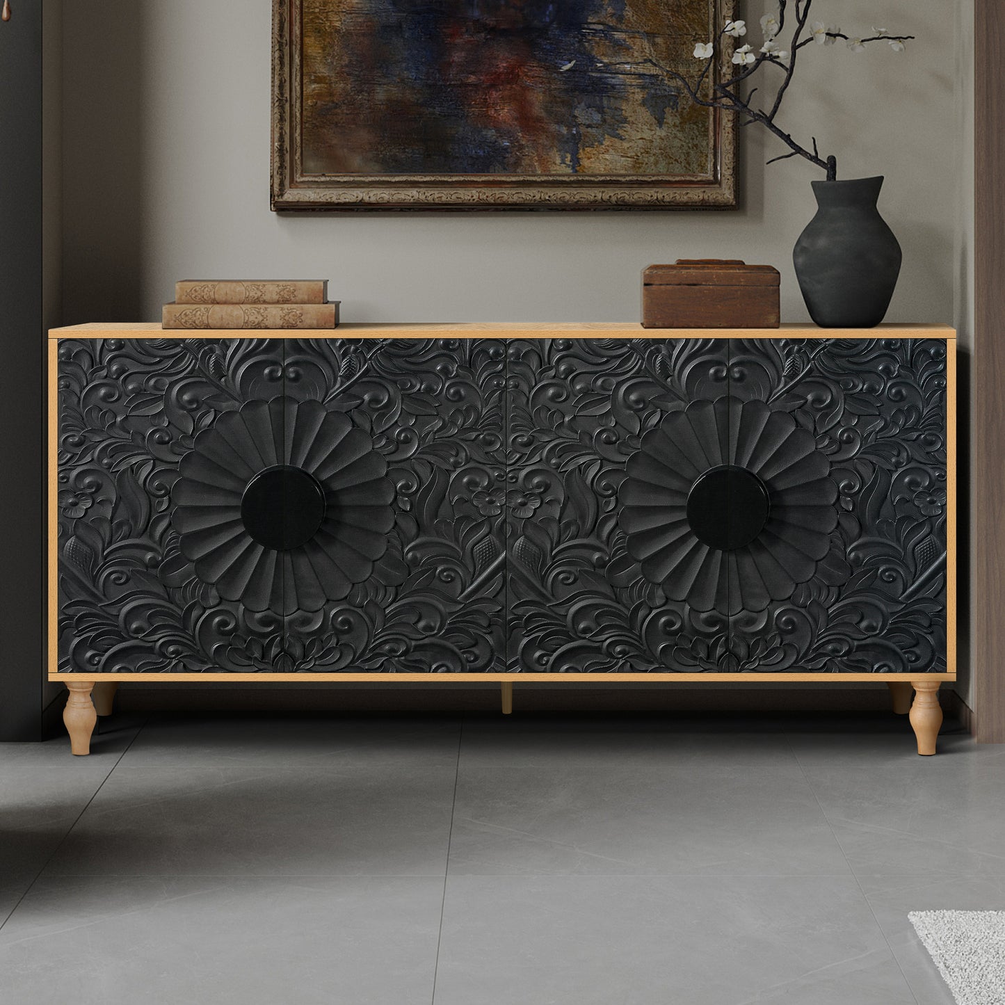 Black Carved Wood Cabinet